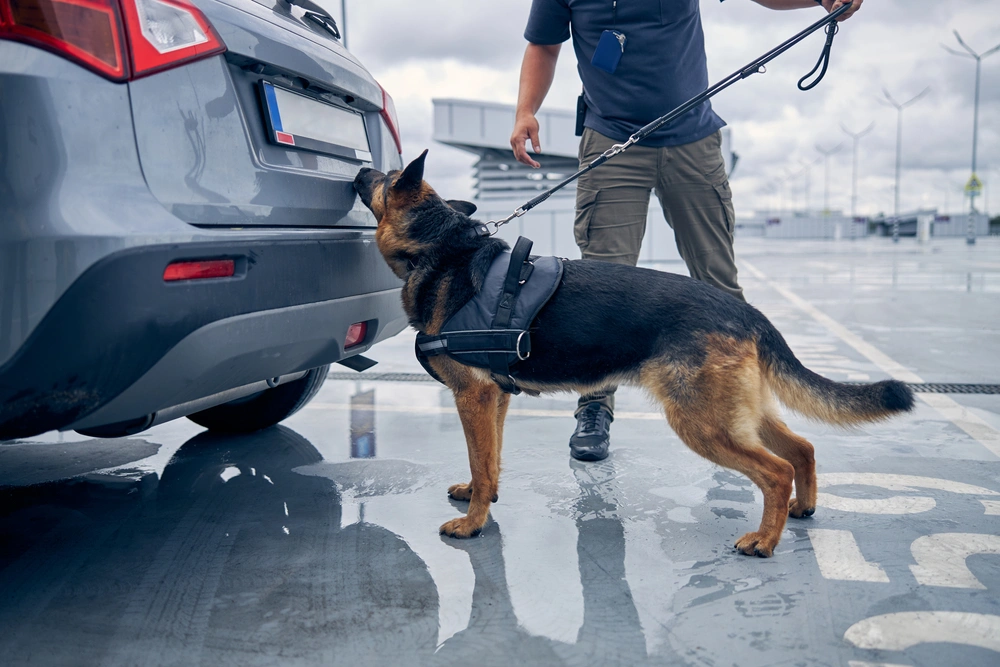 A German Shepherd sniffing the car for drugs
