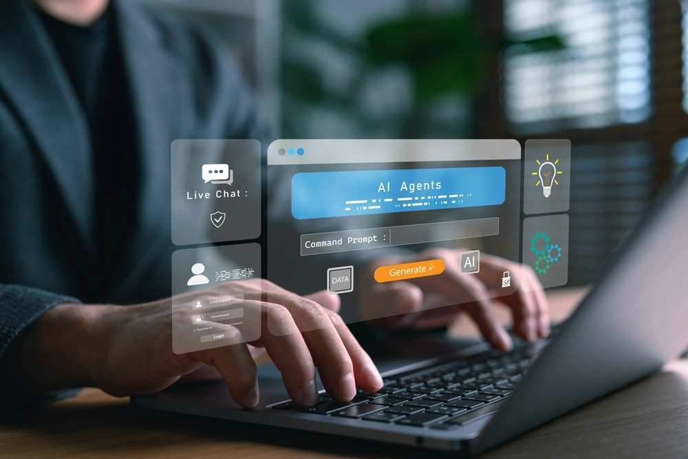 A businessman using a laptop with AI agent platform, and prompt command generation.