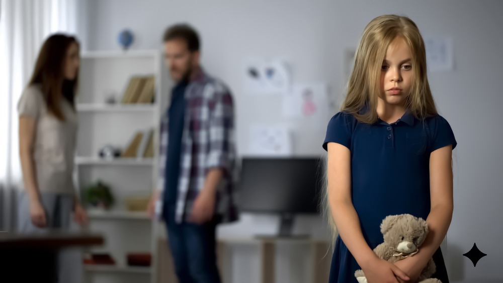 Upset girl witnessing act of domestic violence, suffering from parents conflicts