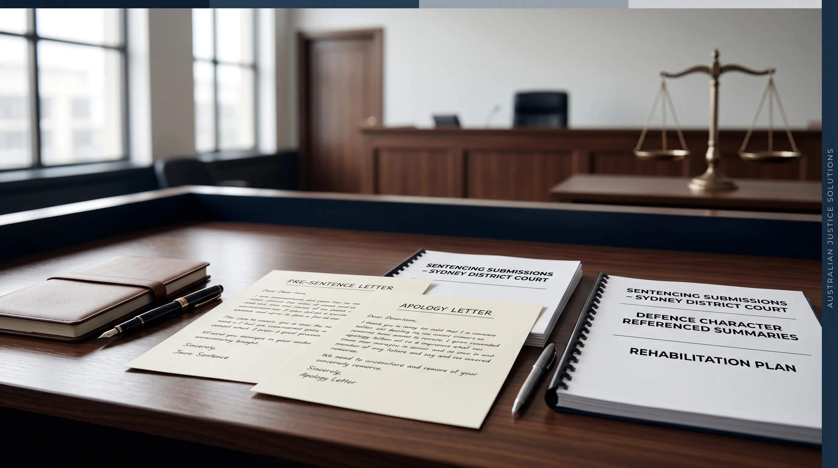 pre-sentence letter and apology letter on a polished wooden desk