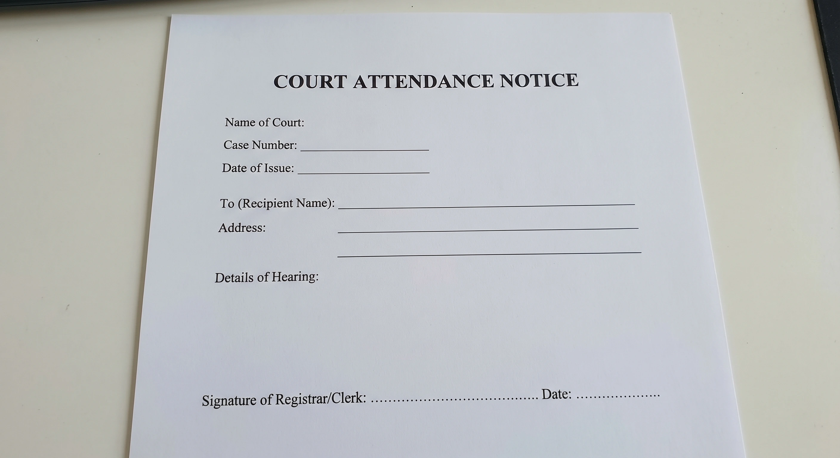 “Court Attendance Notice” clearly printed at the top, plain white paper