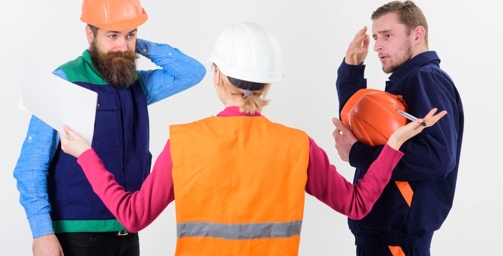 Misunderstanding concept. Builders and engineers arguing, misunderstanding.