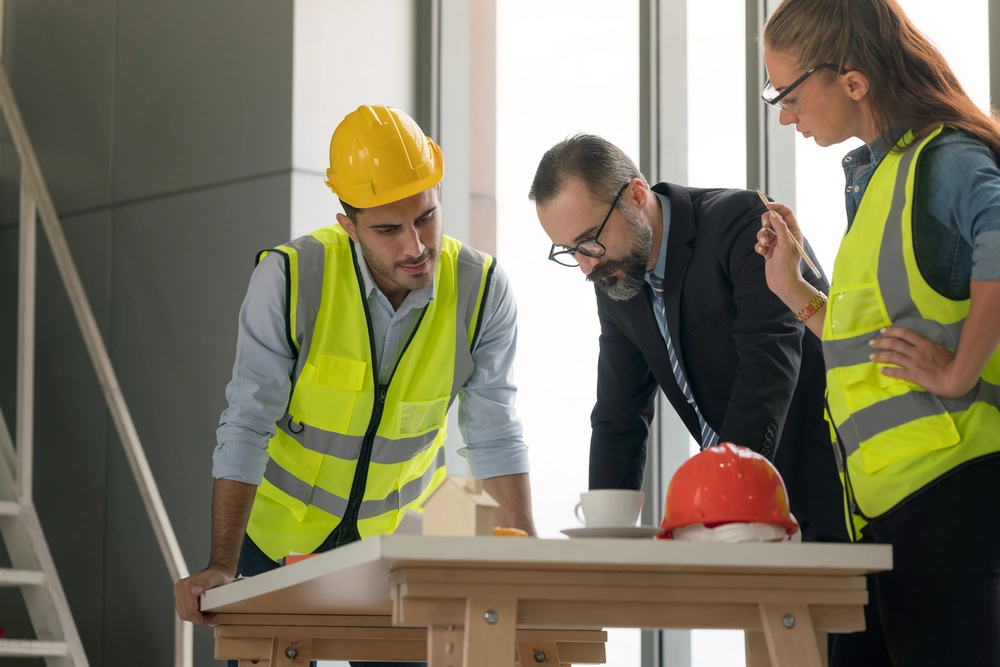 Team of multiethnic architects working on construction plans in the meeting room.