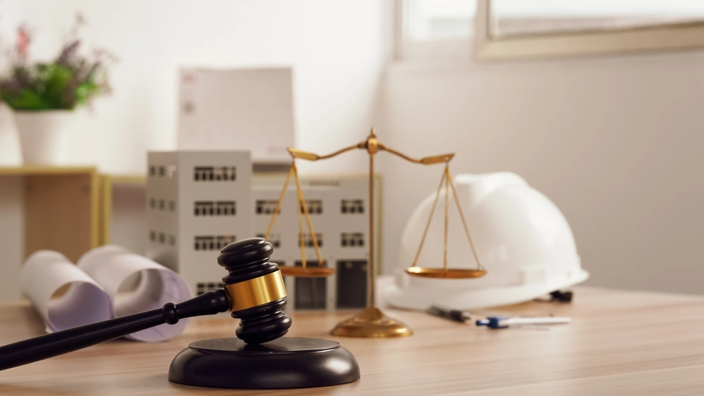 Judge gavel on building blueprint plans with a white safety helmet in the background