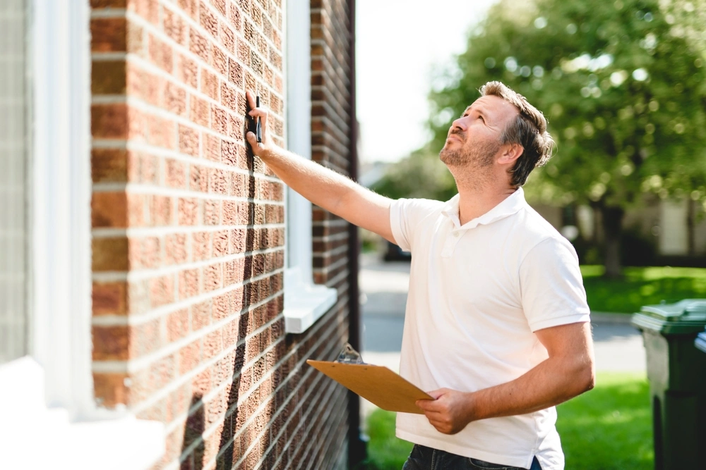 The inspector or engineer is checking the building structure and house.