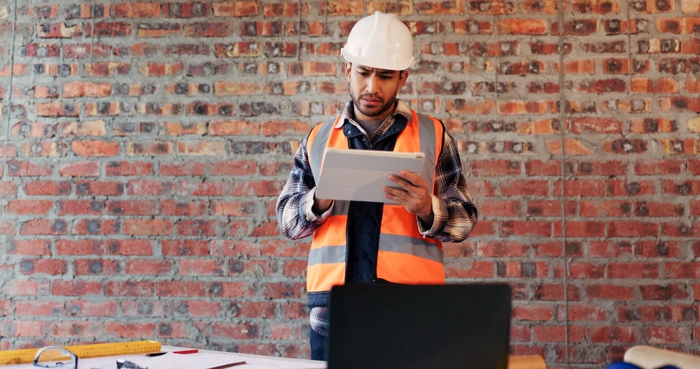 Construction site, confused and man on tablet for building review